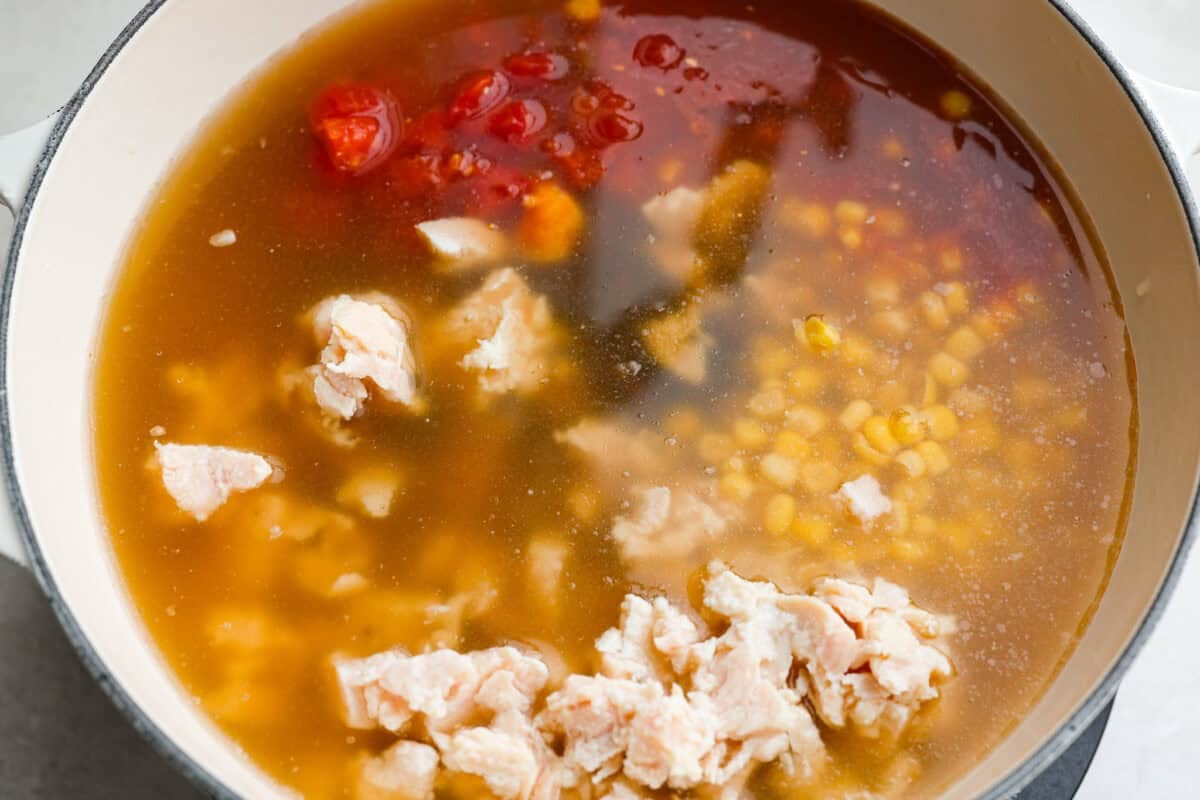 Large pot with all of the canned ingredients dumped in.