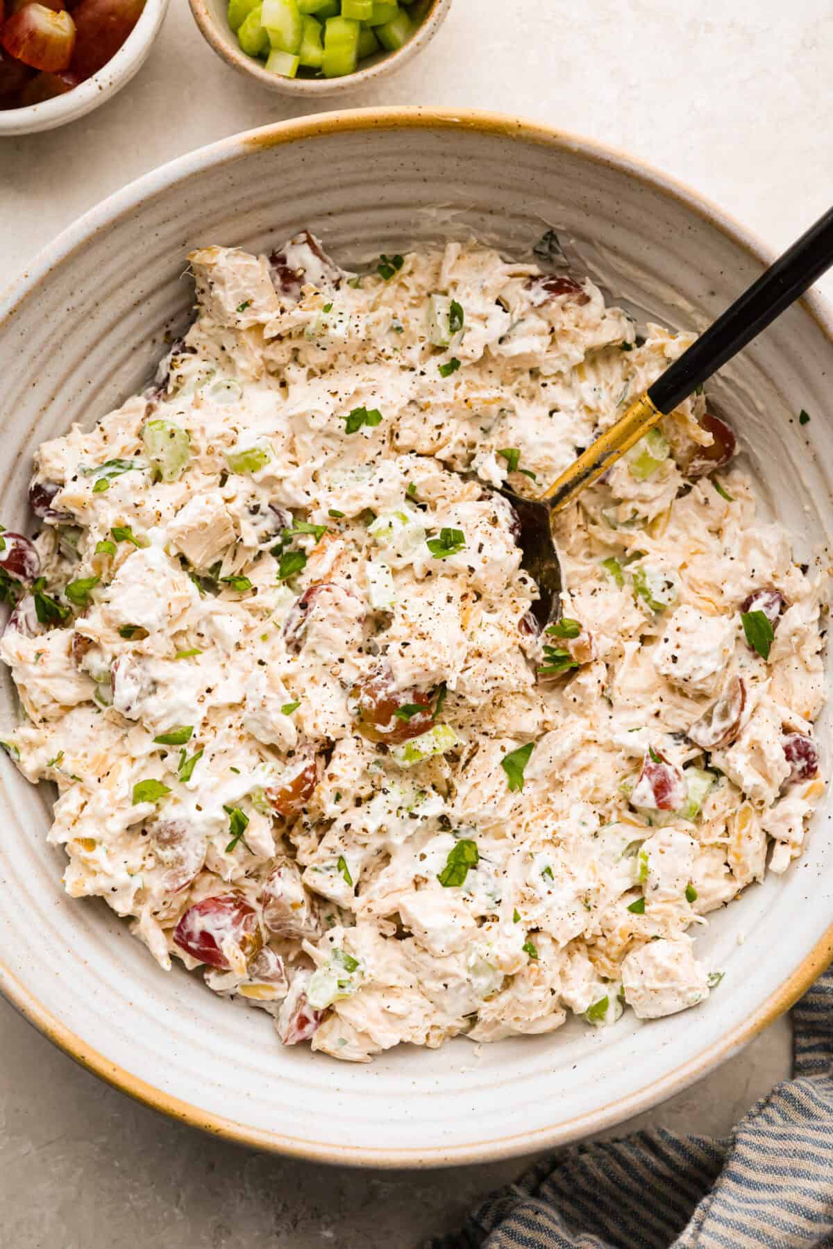 Large bowl of Neiman Marcus chicken salad.