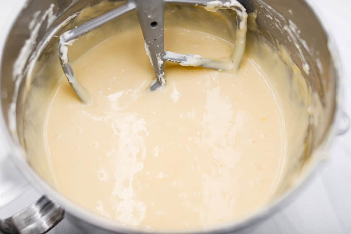 Fifth photo of the cheesecake filling mixed in the stand mixer.