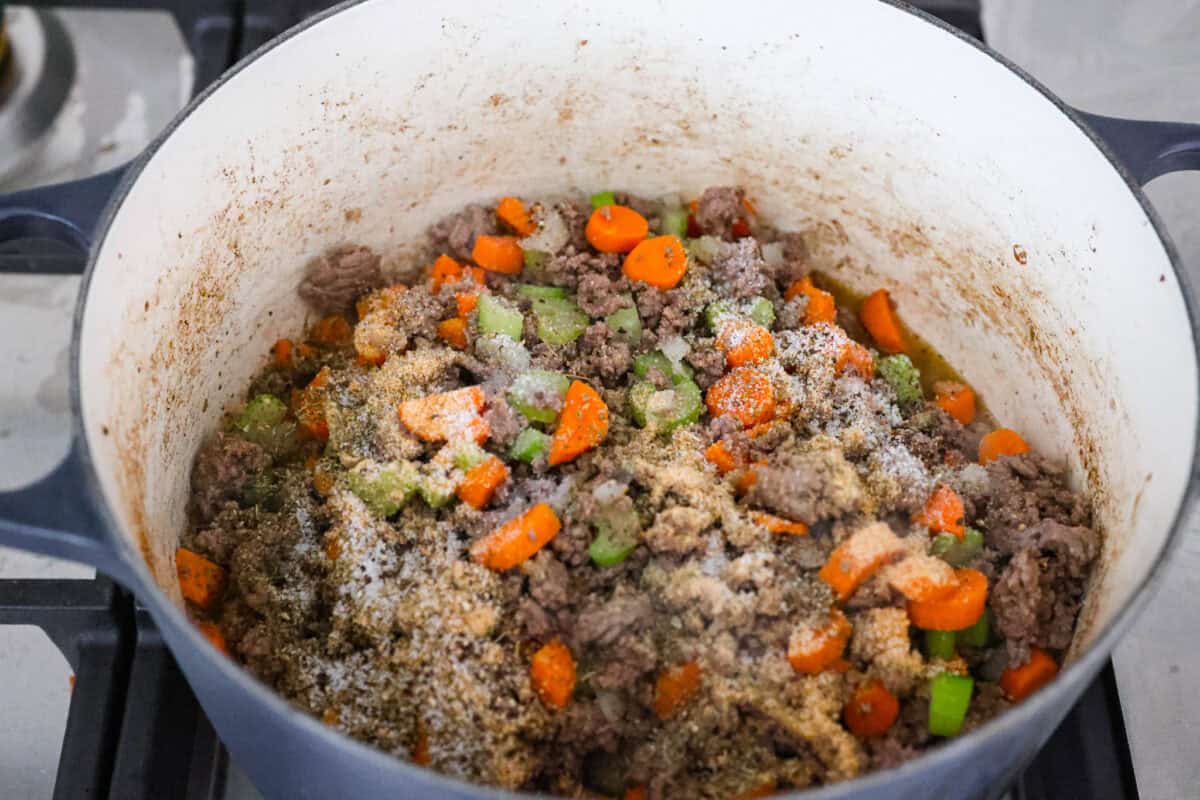 Seasonings added to the cooked beef and veggies. 