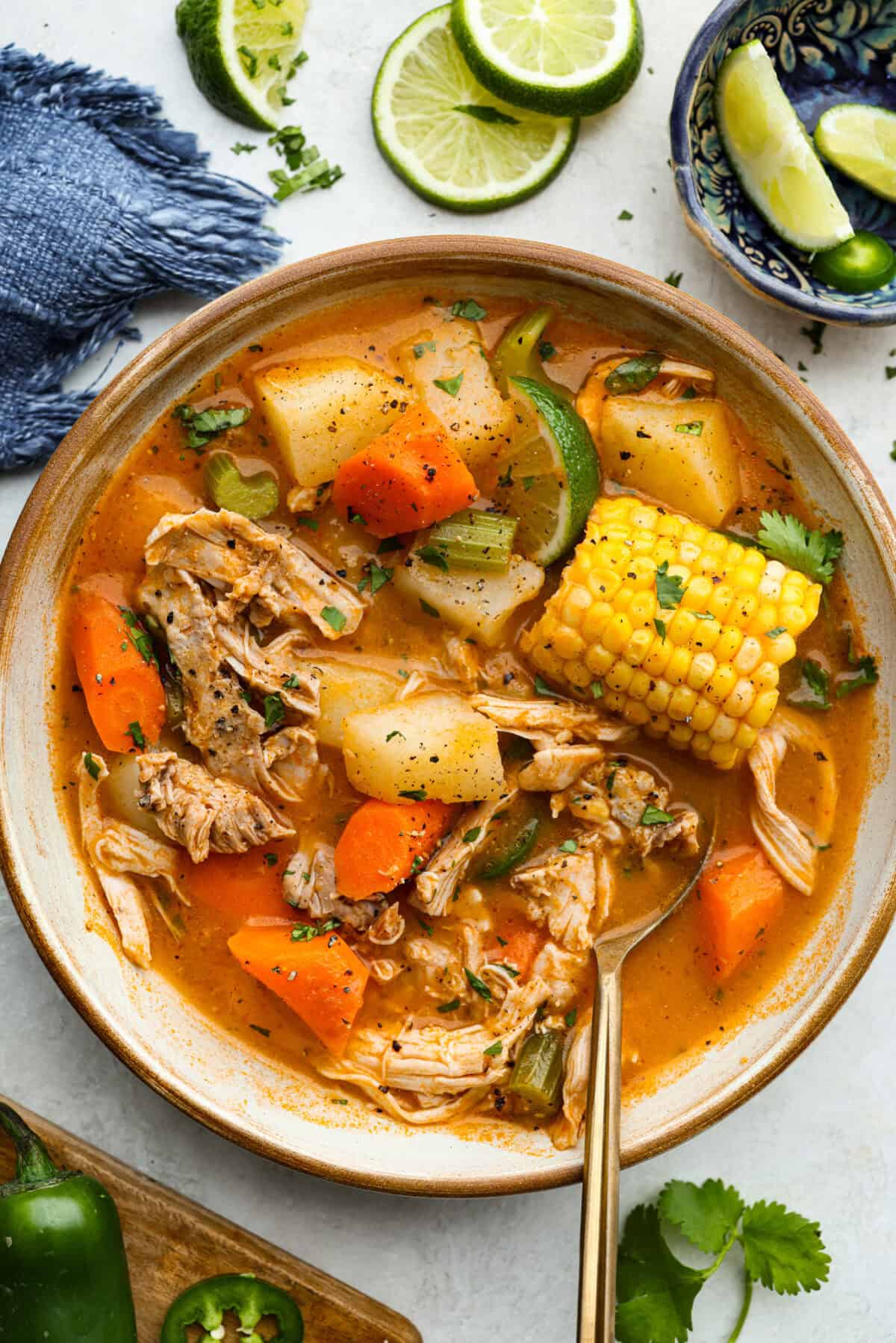 Overhead shot of a bowl of Caldo de pollo. 