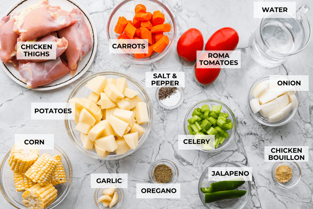 Overhead shot of labeled ingredients. 