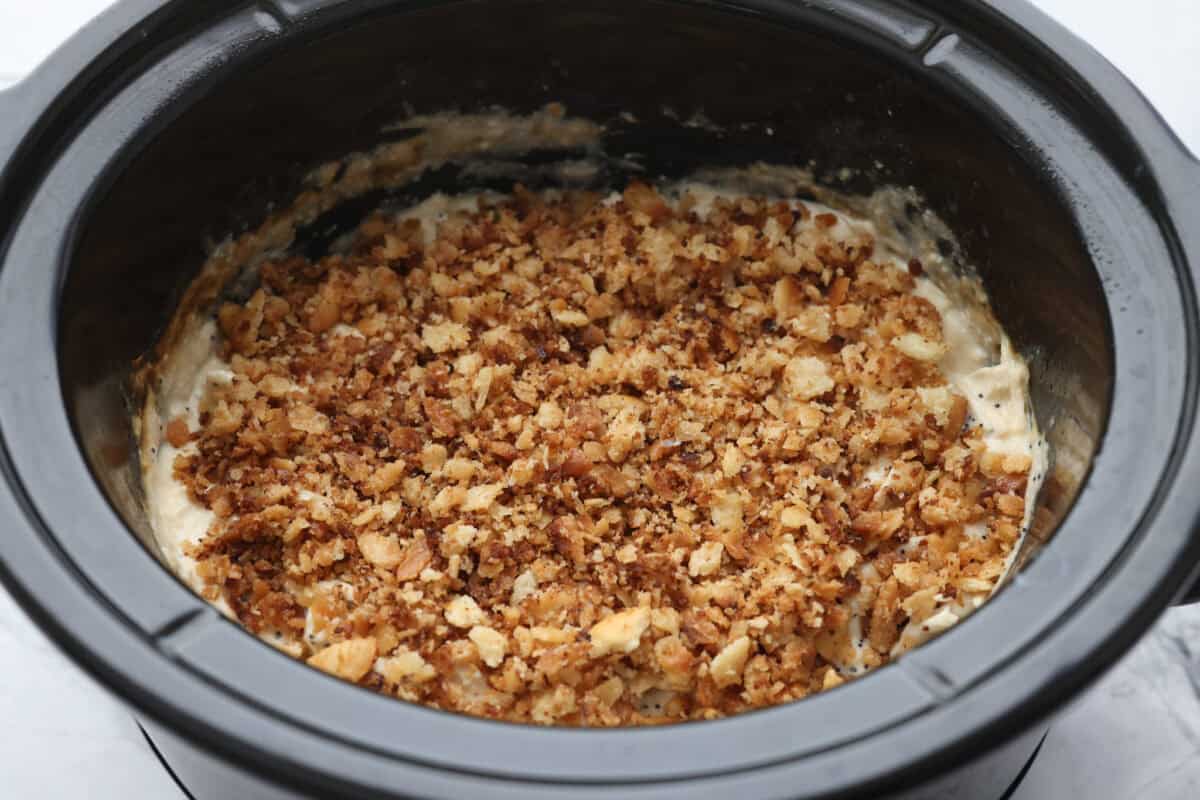 Browned and cooked topping added to the crockpot poppyseed chicken.