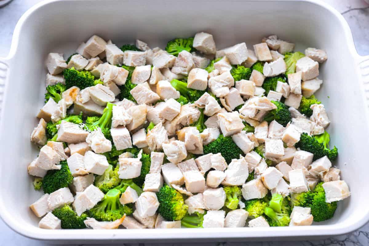 Cubed chicken added to the broccoli. 