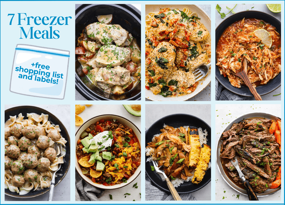 Collage of 7 freezer meals. 