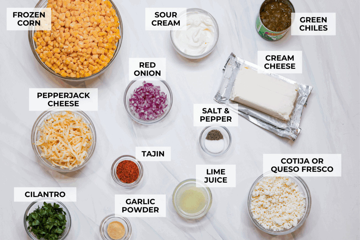 Overhead shot of labeled slow cooker Mexican street corn dip. 