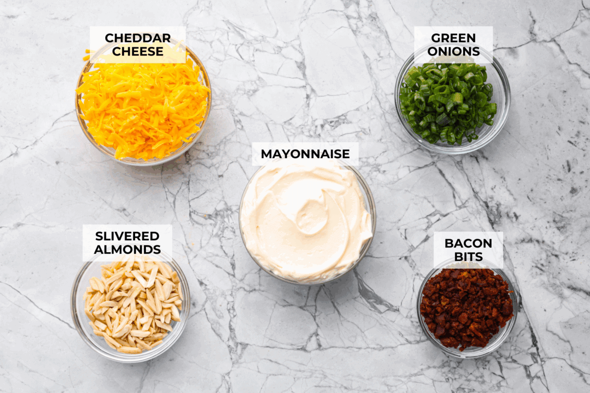 Overhead shot of labeled ingredients.