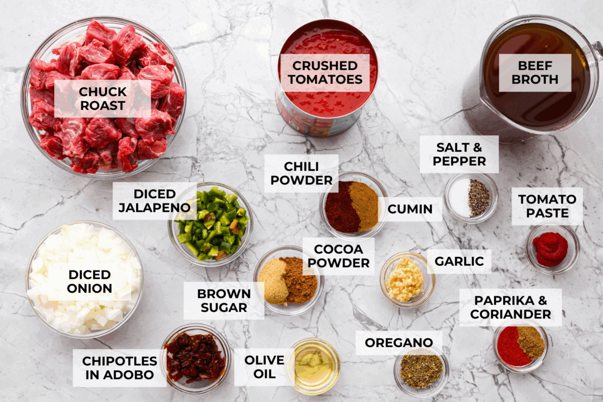 Overhead shot of labeled Texas chili ingredients. 