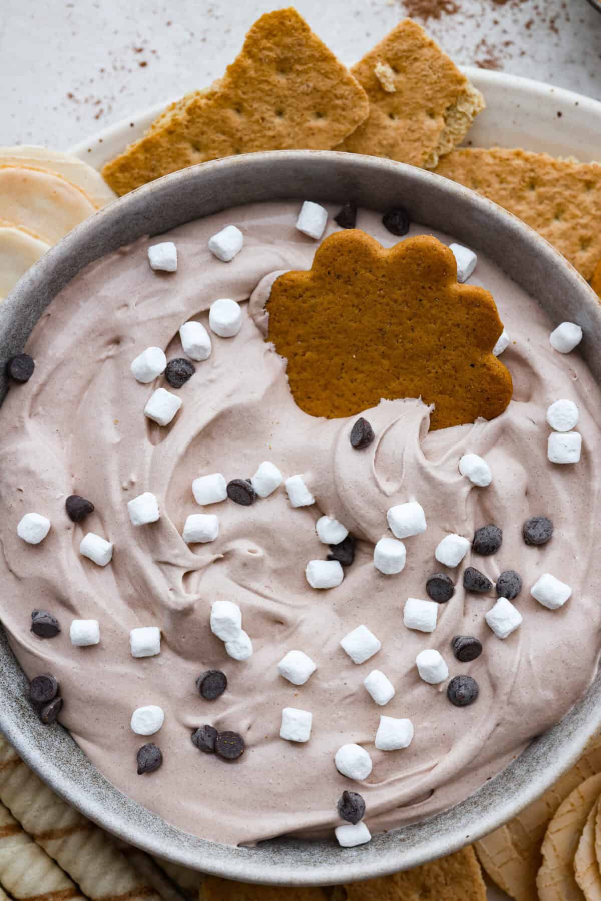 Close up shot of hot cocoa dip in a serving bowl. 