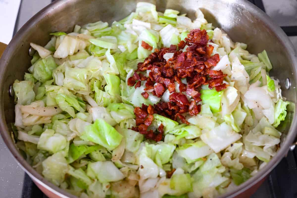 Bacon added back to the skillet withe the cooked cabbage.