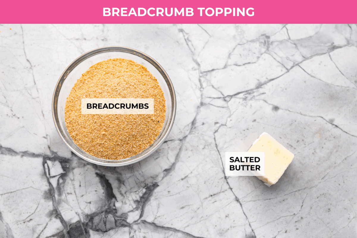 Overhead shot of labeled breadcrumb topping ingredients. 