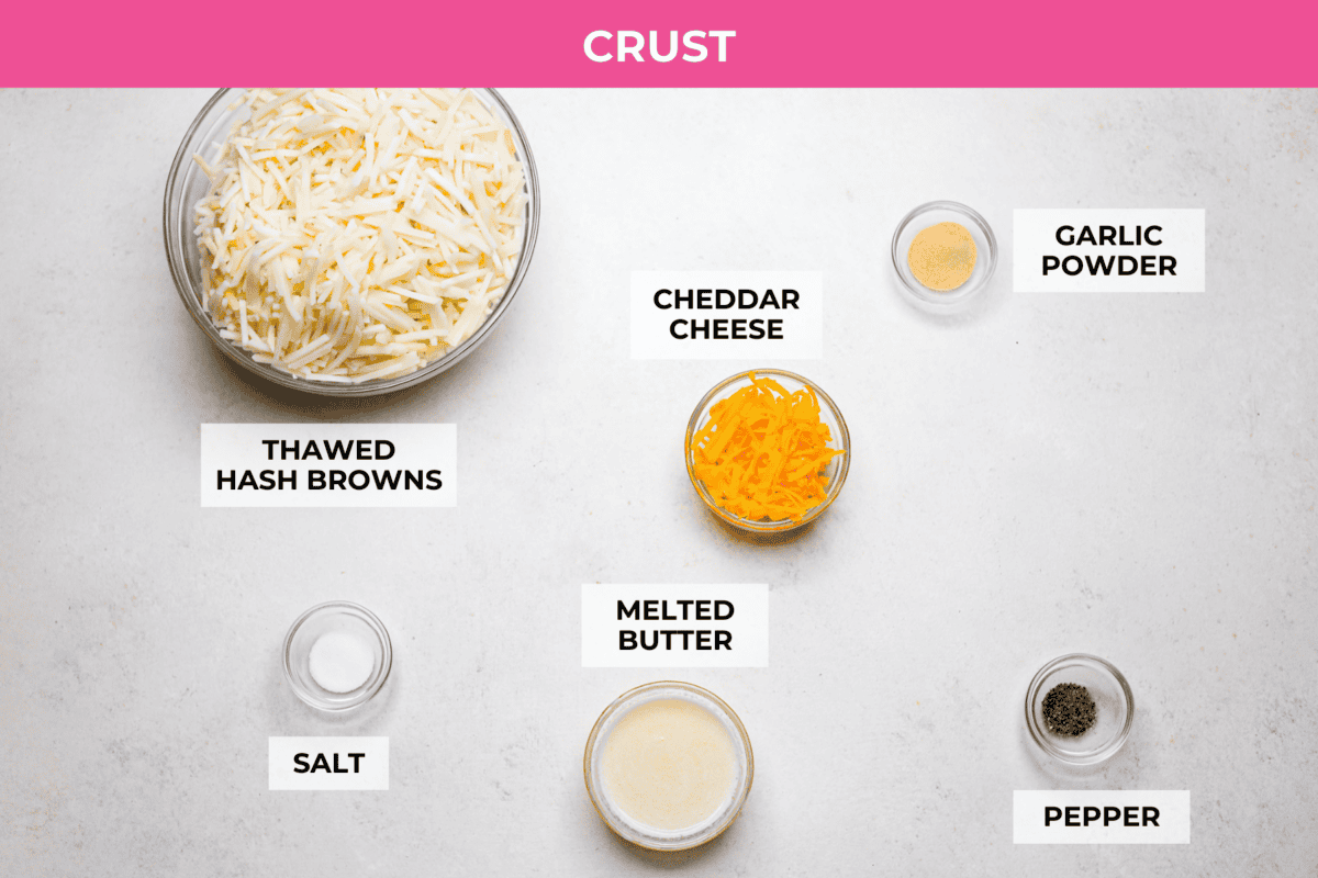 Overhead shot of labeled crust ingredients. 
