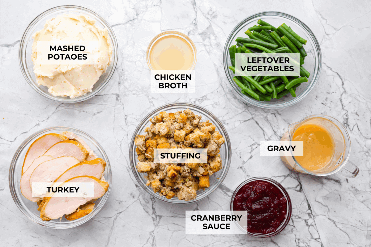 Overhead shot of labeled ingredients. 