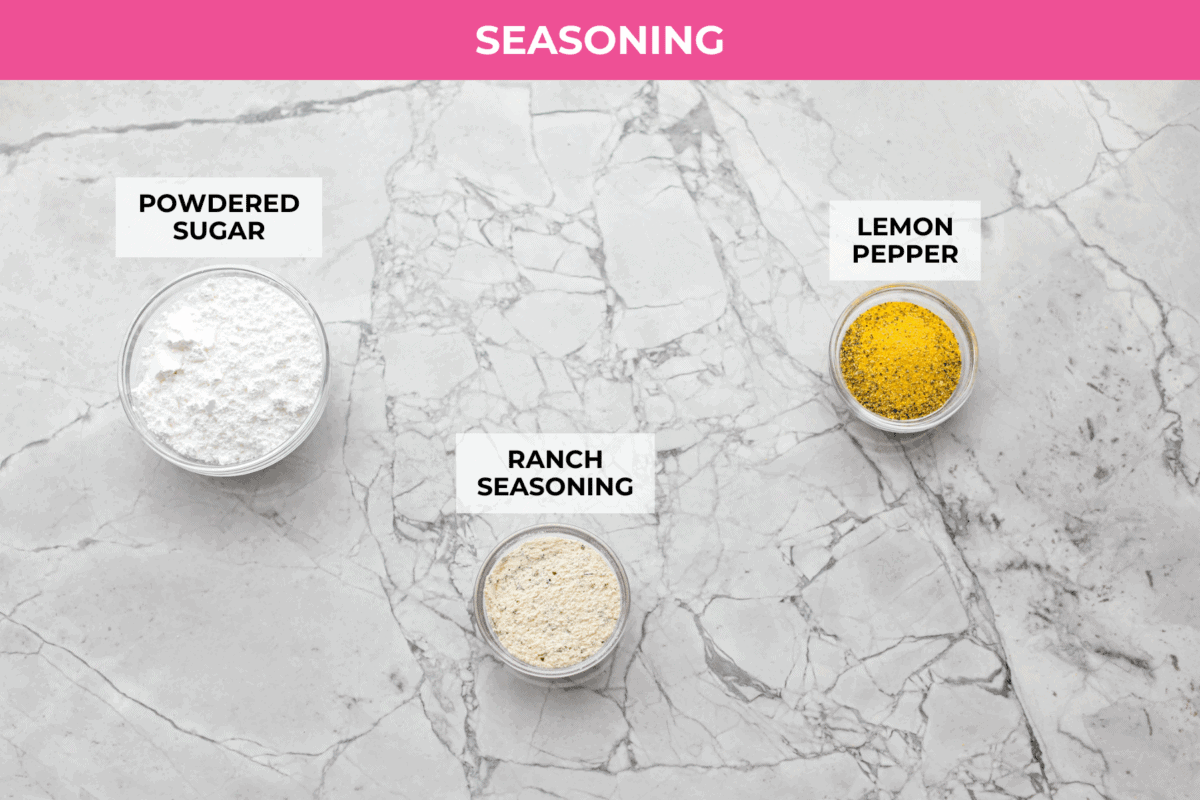 Overhead shot of labeled crack chicken seasoning ingredients. 
