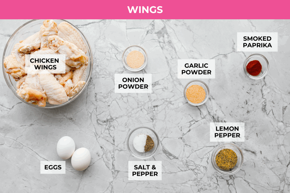 Overhead shot of labeled wing and seasoning ingredients. 