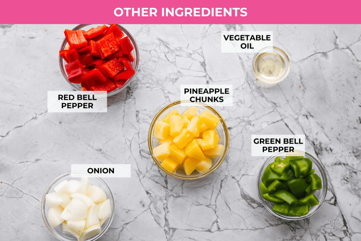 Overhead shot of labeled other ingredients for sweet and sour meatballs. 