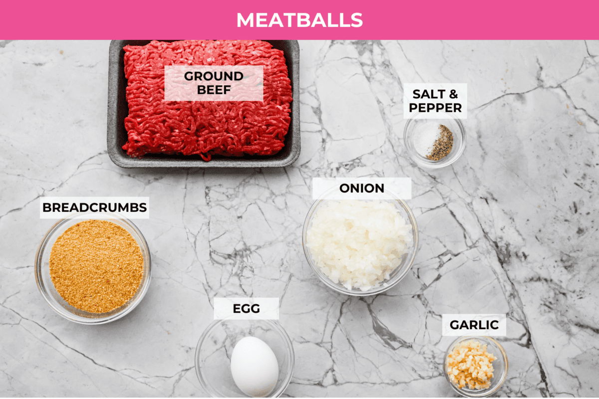 Overhead shot of labeled meatball ingredients. 