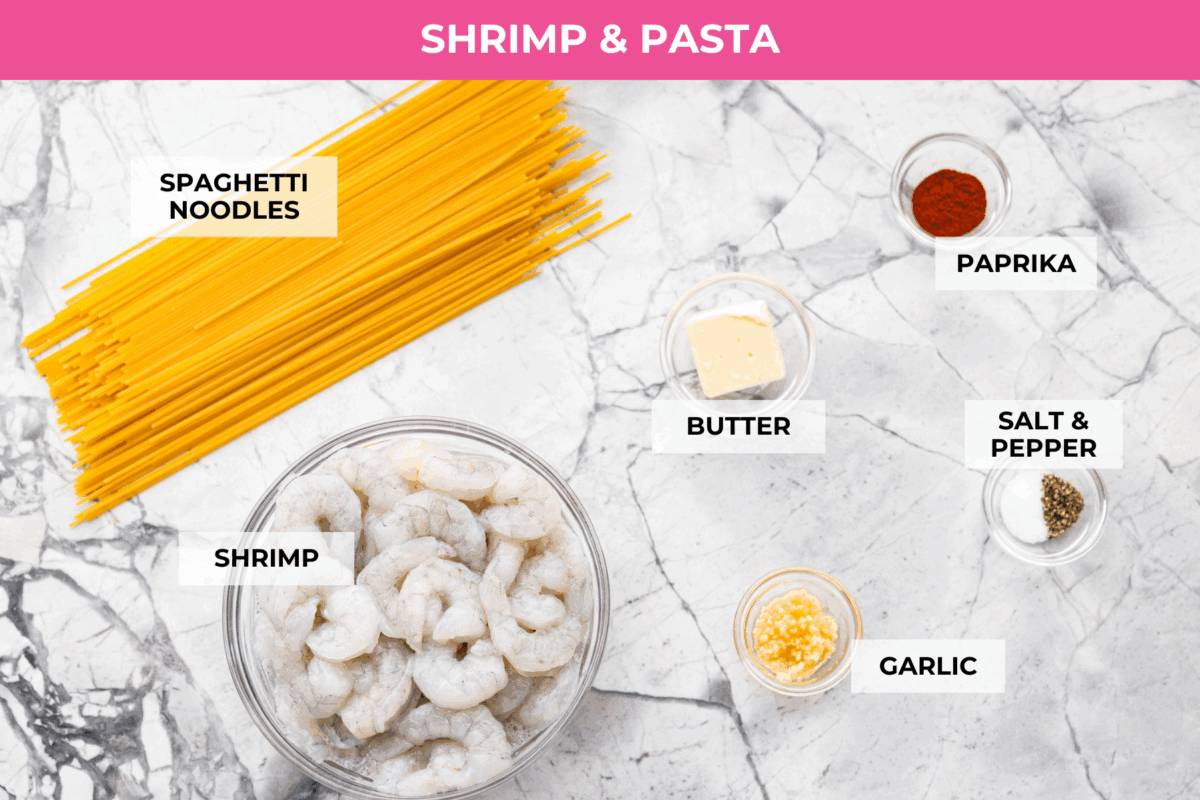 Overhead shot of labeled shrimp and pasta ingredients. 
