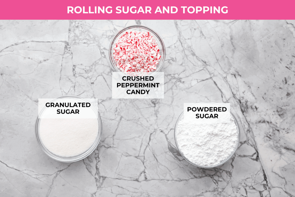 Overhead shot of labeled rolling sugar and topping ingredients. 
