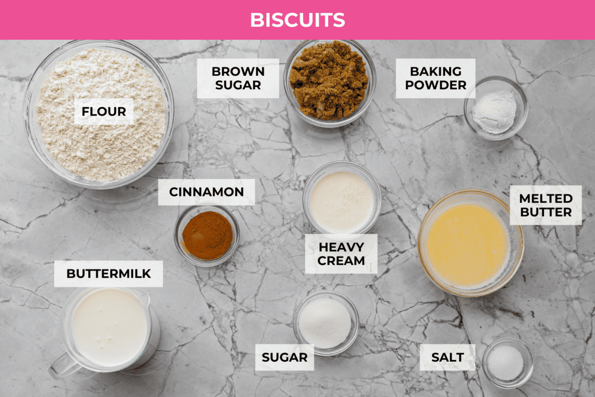 Overhead shot of labeled cinnamon roll butter swim biscuit ingredients.