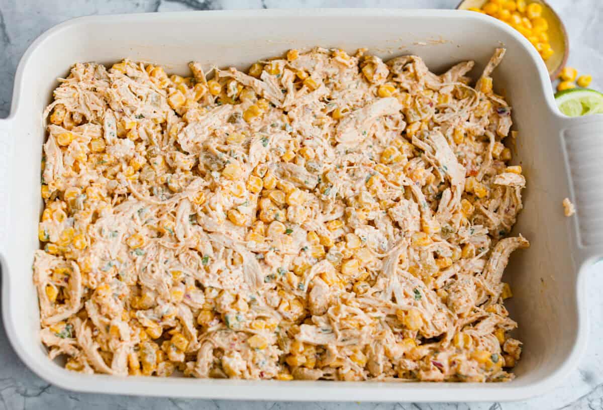 Everything added to a 9x13 baking dish ready to go into the oven.