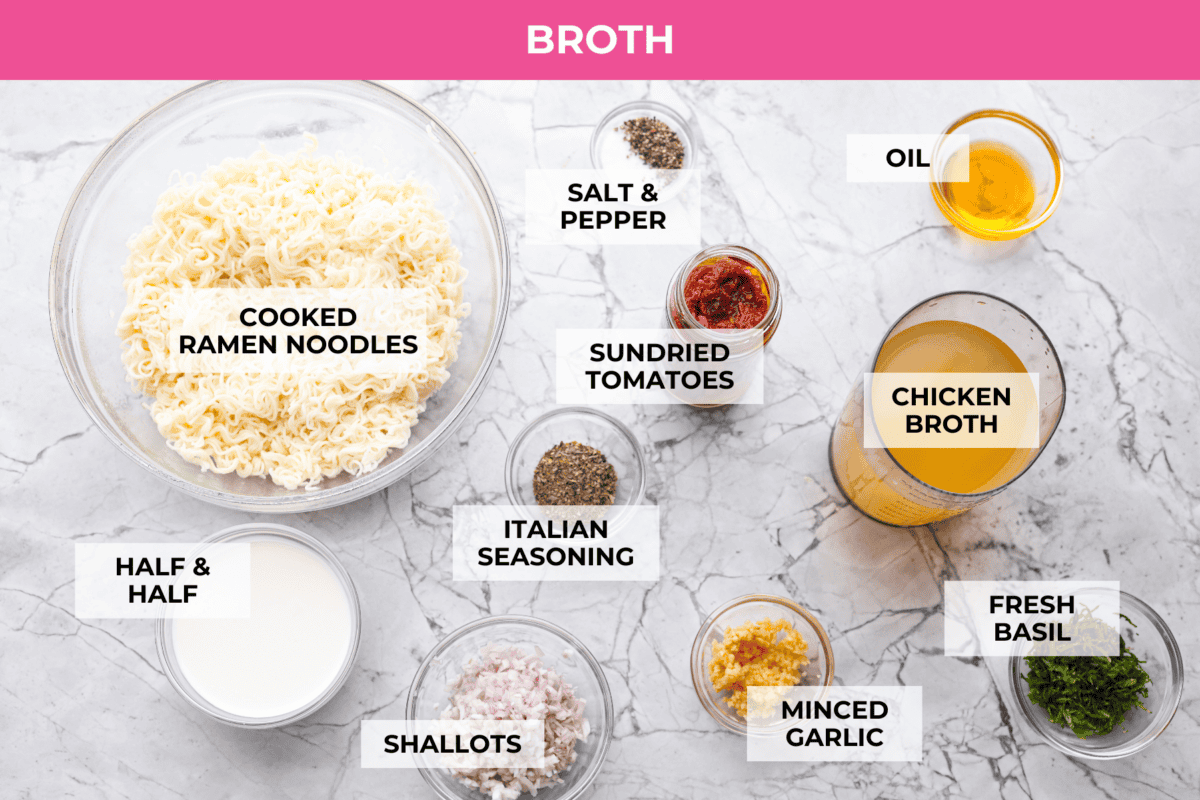 Overhead shot of labeled marry me ramen broth ingredients. 