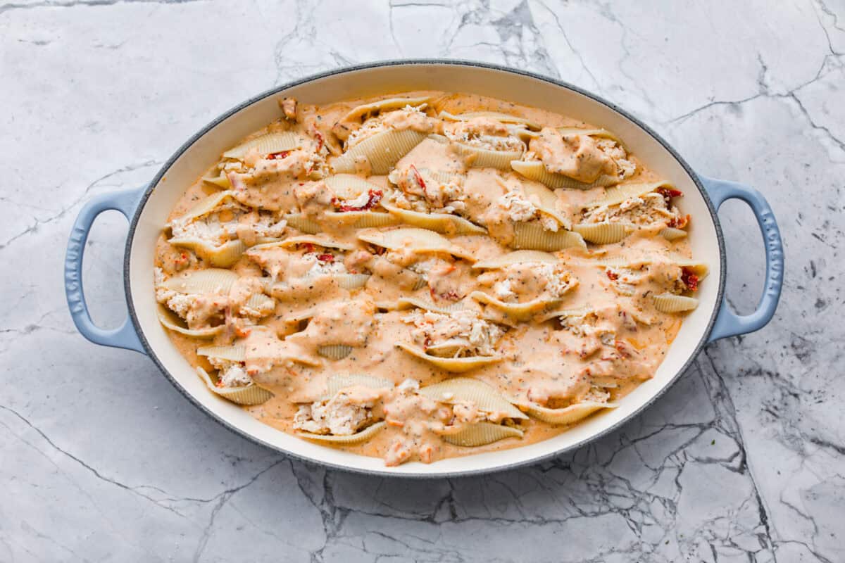 The rest of the sauce adde to the top of the shells. 