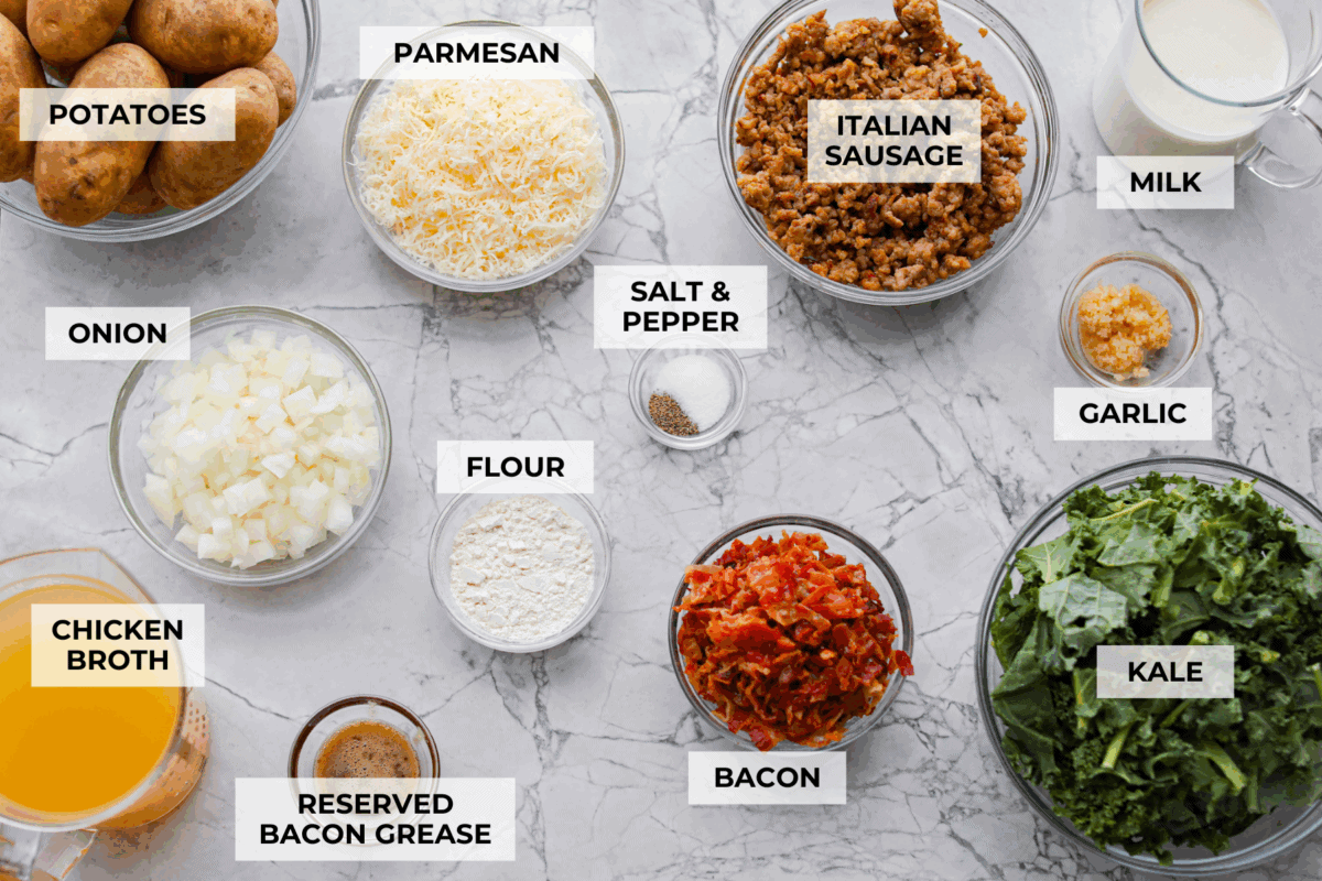 Overhead shot of labeled Zuppa Toscana casserole ingredients. 