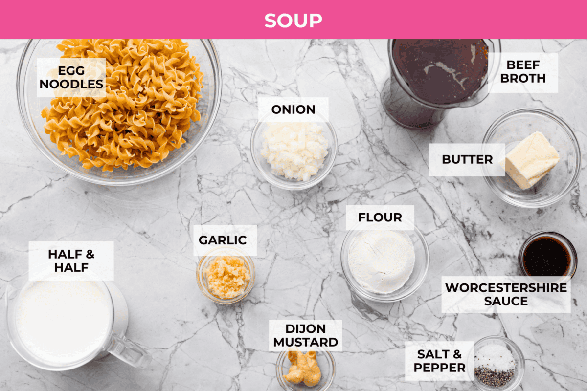 Overhead shot of labeled soup ingredients.