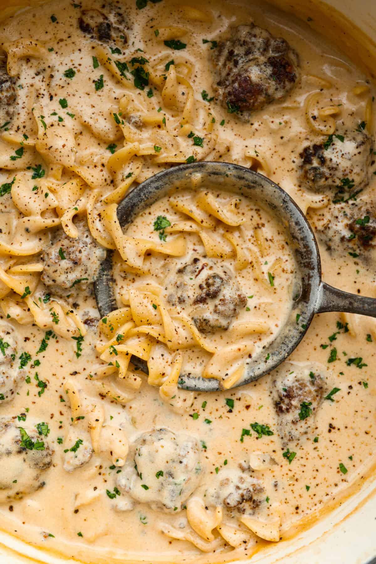 Close up shot of Swedish meatball soup. 