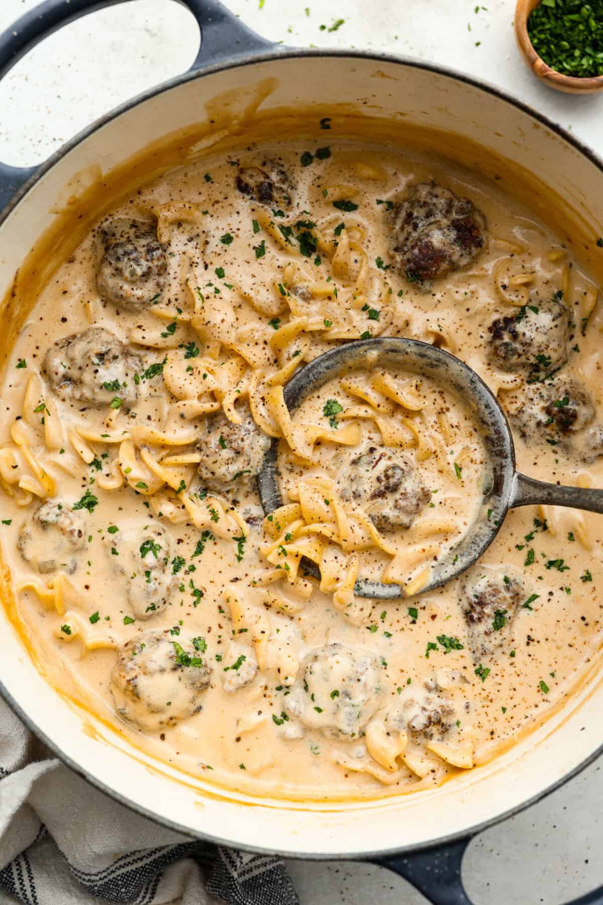 Overhead shot of swedish meatball soup. 