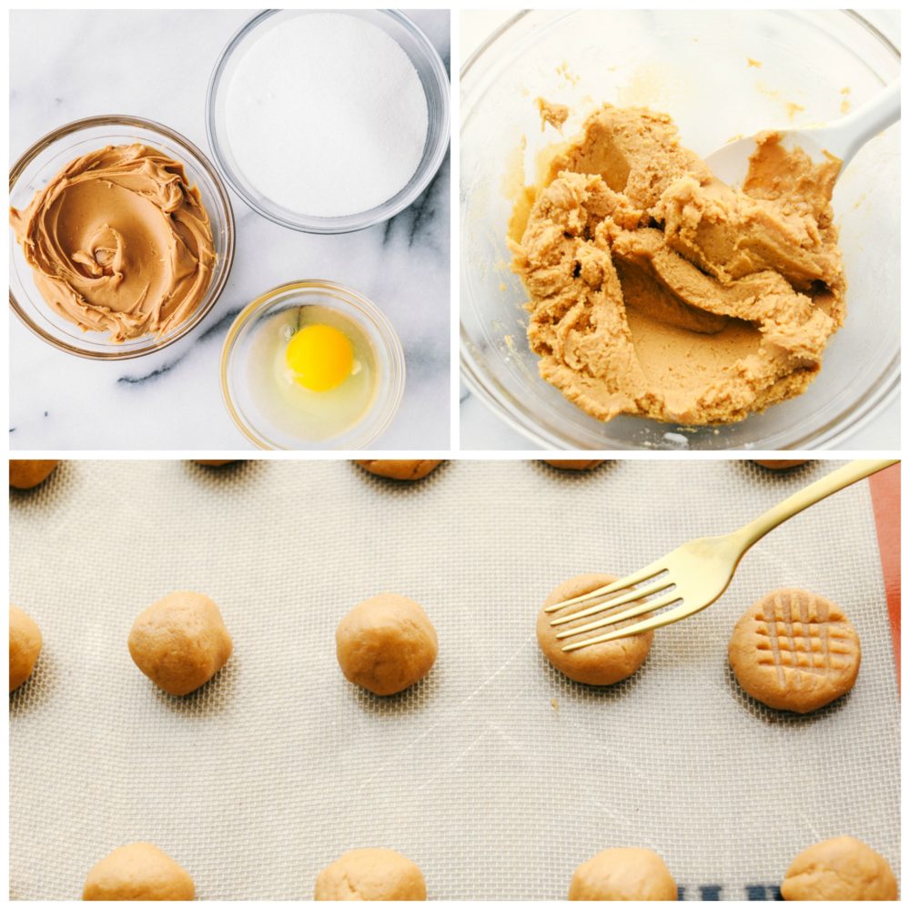 The process of 3 ingredient peanut butter with the 3 ingredients in one photo, peanut butter, sugar and an egg then stirred together and rolled in balls and flattened with a fork. 