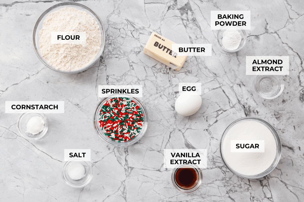 Overhead shot of labeled ingredients.