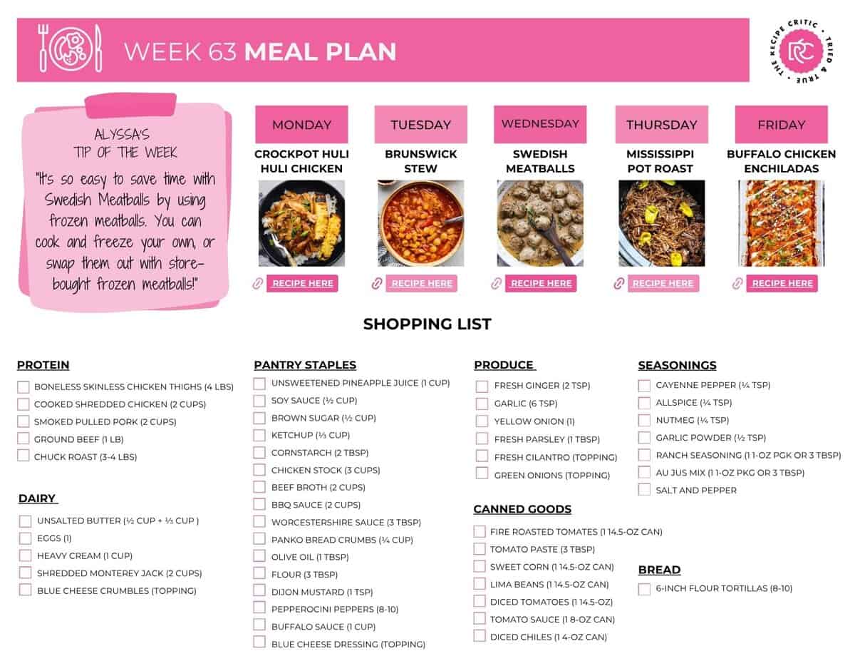 Image of the free printable weekly meal plan grocery list.