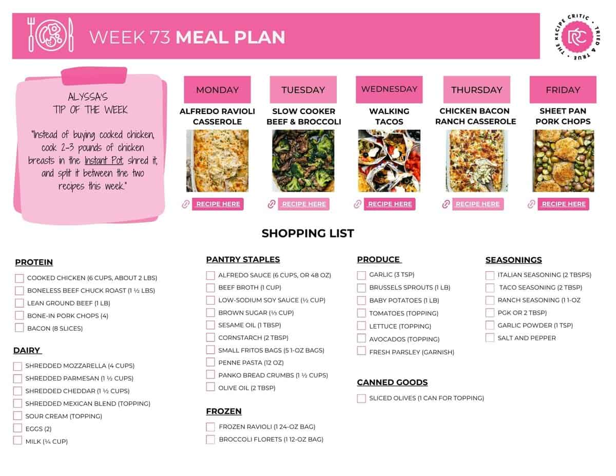 Image of the printable weekly meal plan shopping list. 