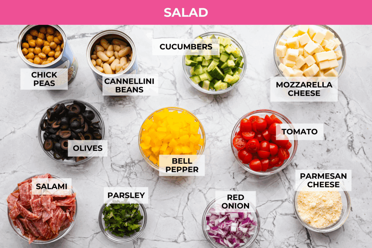 Overhead shot of labeled dense bean salad ingredients. 