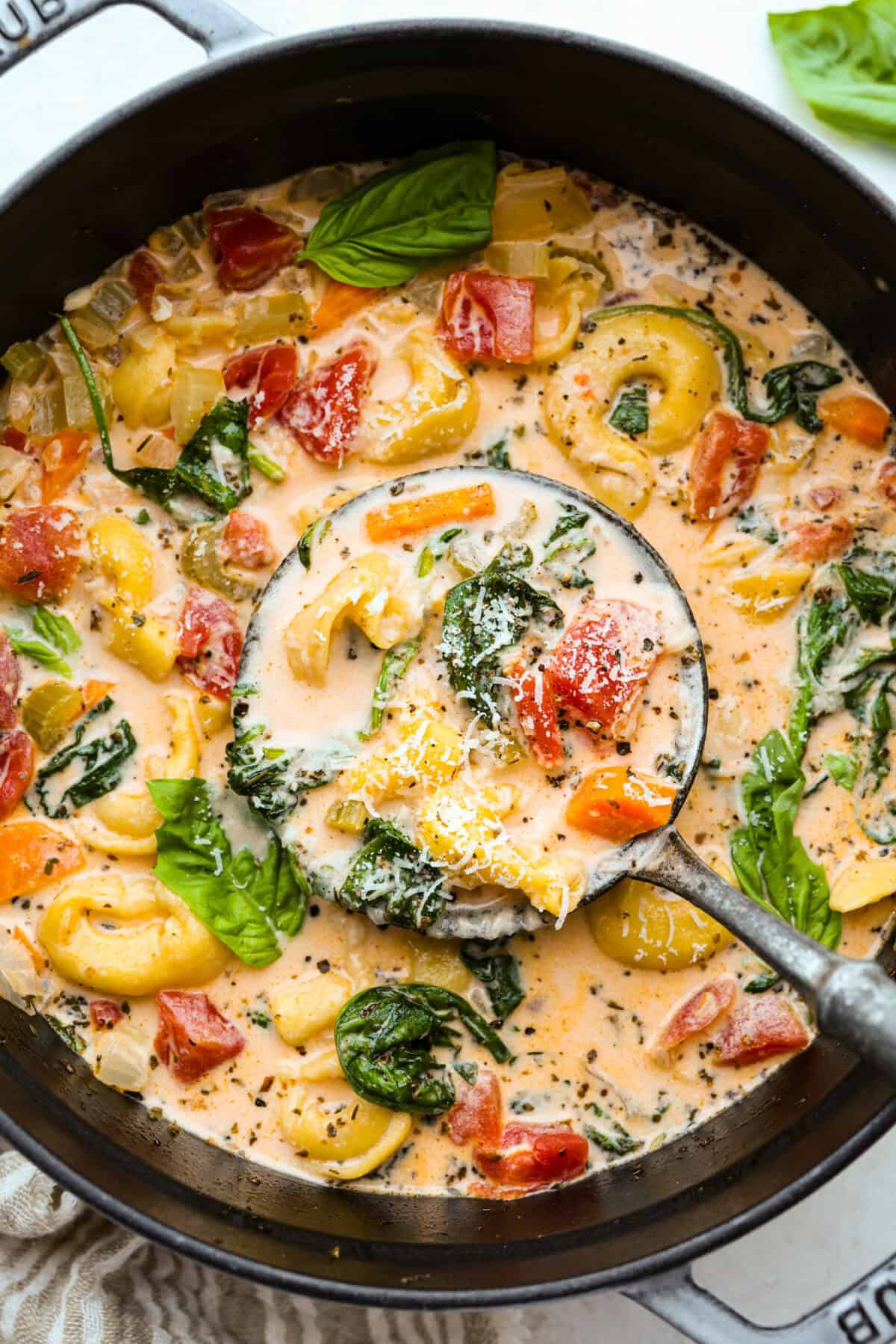 Pot of creamy vegetable tortellini soup with a silver ladle. 