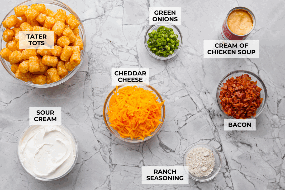 Overhead shot of labeled ingredients. 