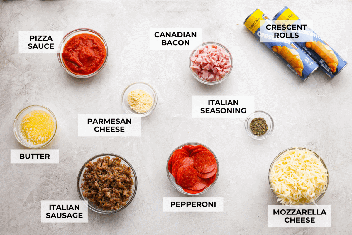 Overhead shot of labeled pizza ring inrgredients.