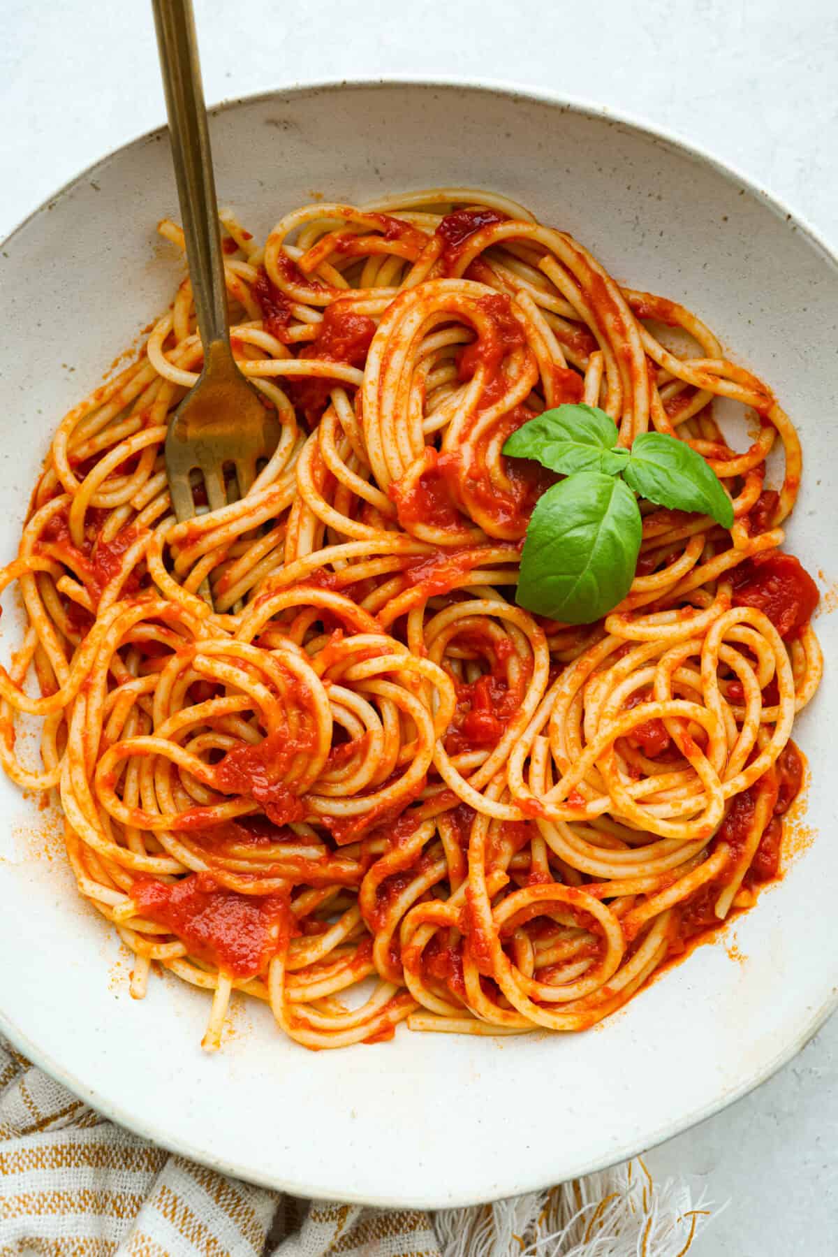 Plate of pasta covered in Marcella Hazan's tomato sauce. 