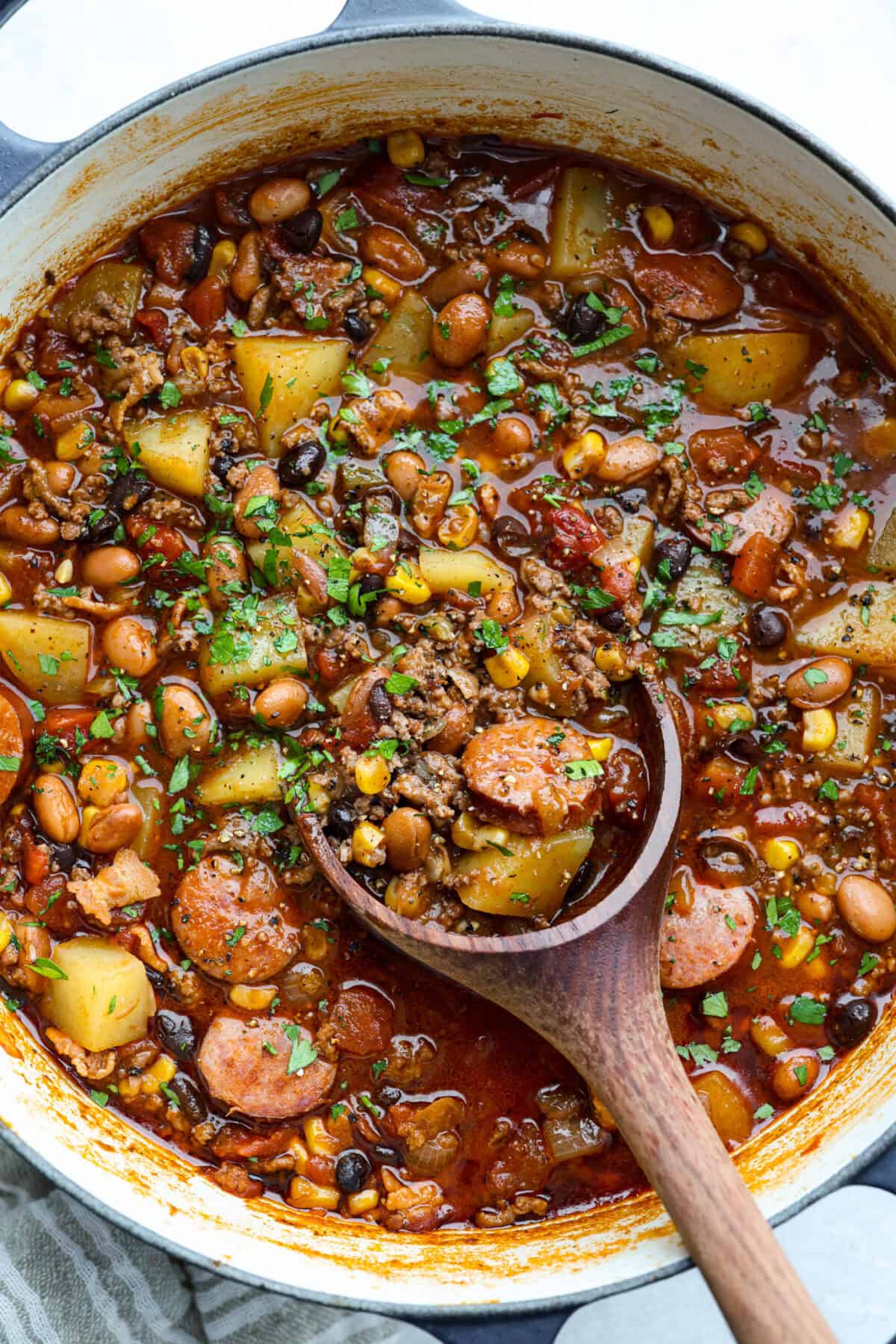 Overhead shot of a pot of Texas Cowboy Stew