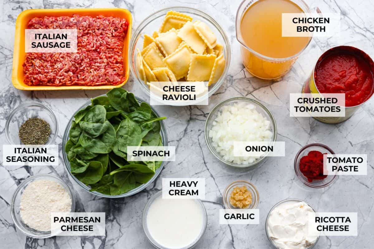 Overhead shot of labeled million dollar soup ingredients. 