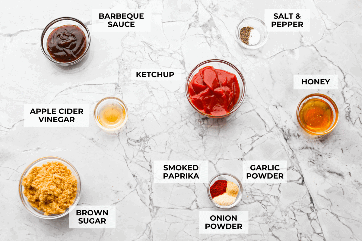 Overhead shot of labeled ingredients.