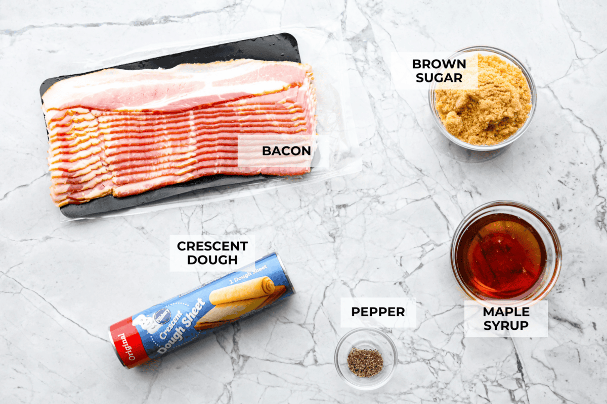 Overhead shot of labeled ingredients. 