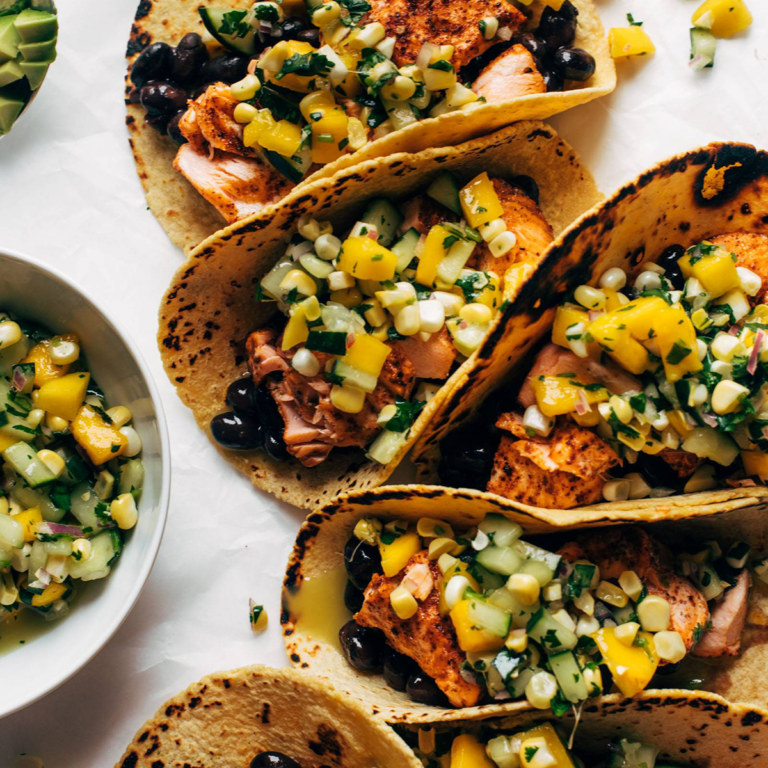 Salmon tacos with mango corn salsa.