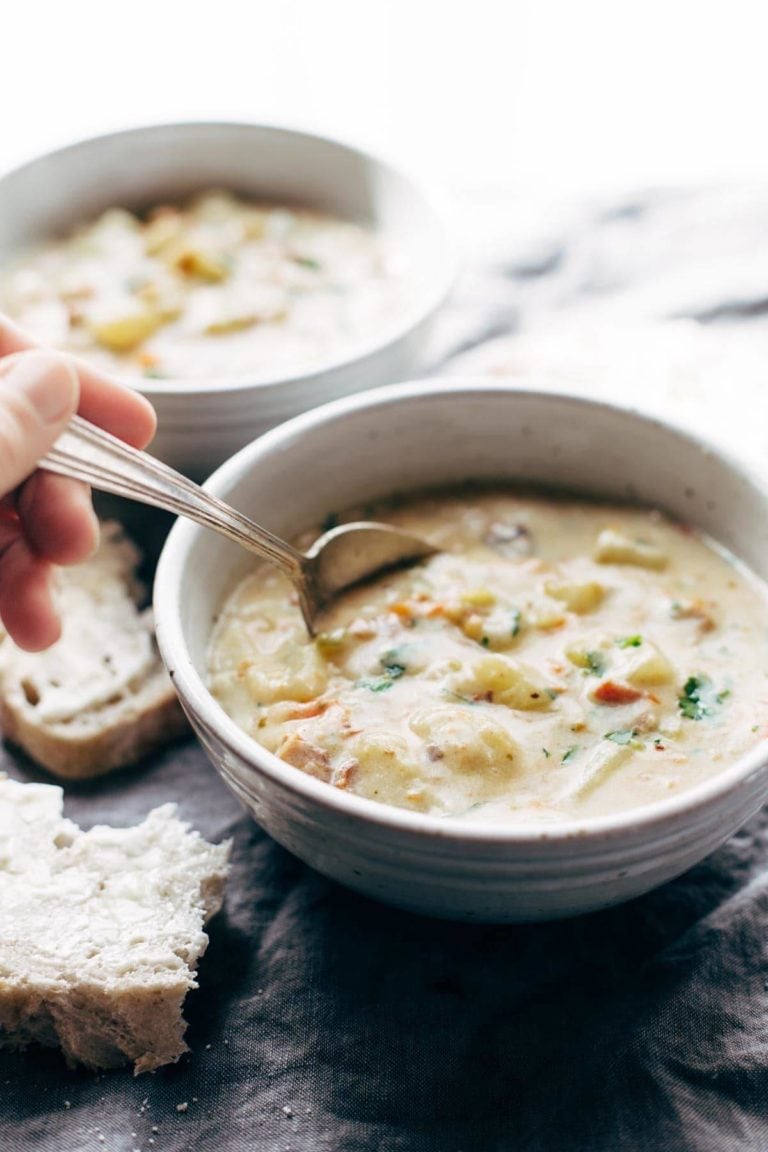 Creamy potato soup in a bowl.