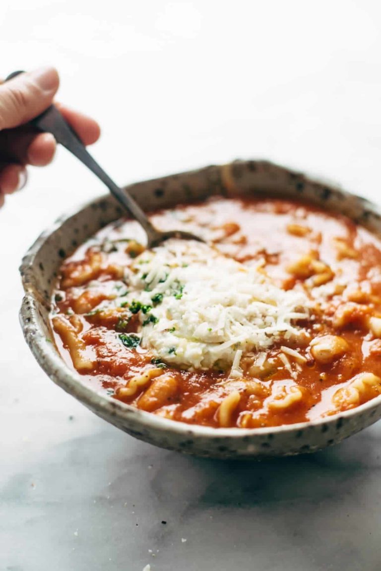 White bean lasagna soup in a bowl.