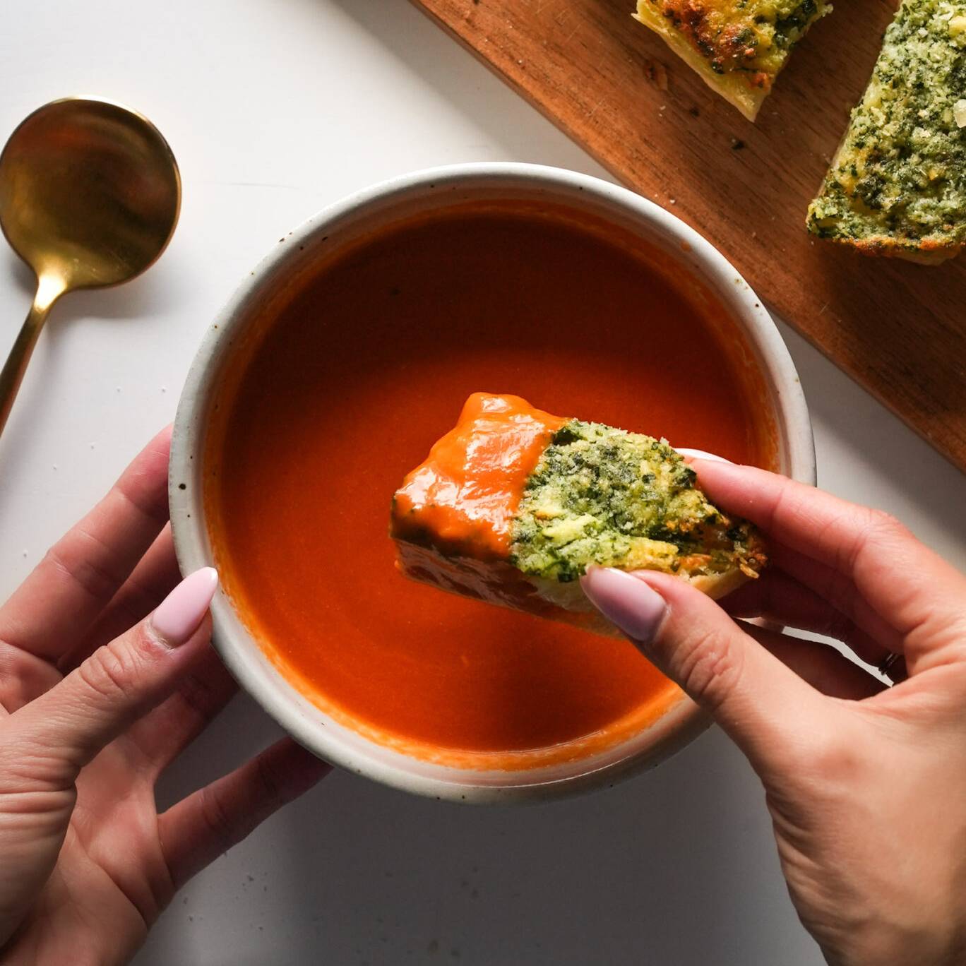 Tomato soup with garlic bread dipped in.