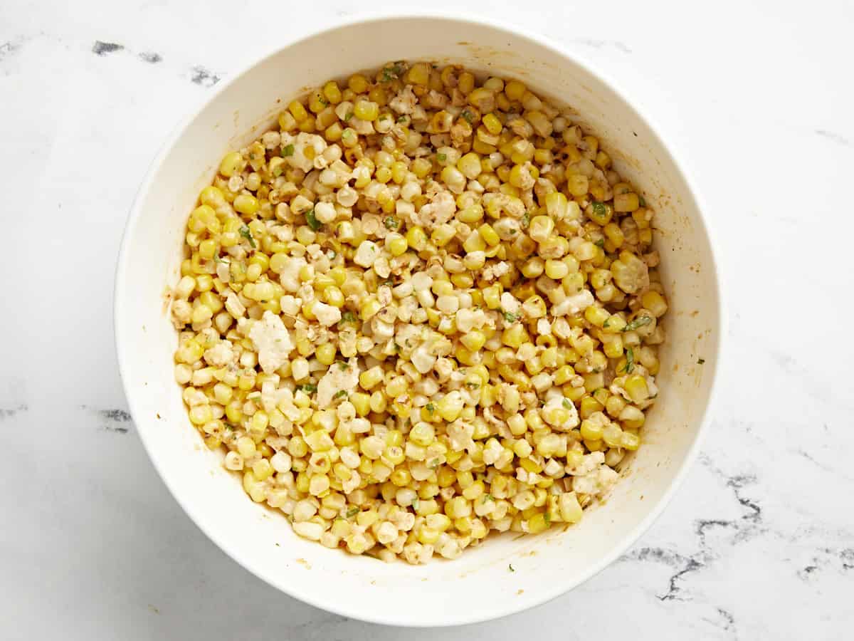 Mexican street corn salad in a bowl.