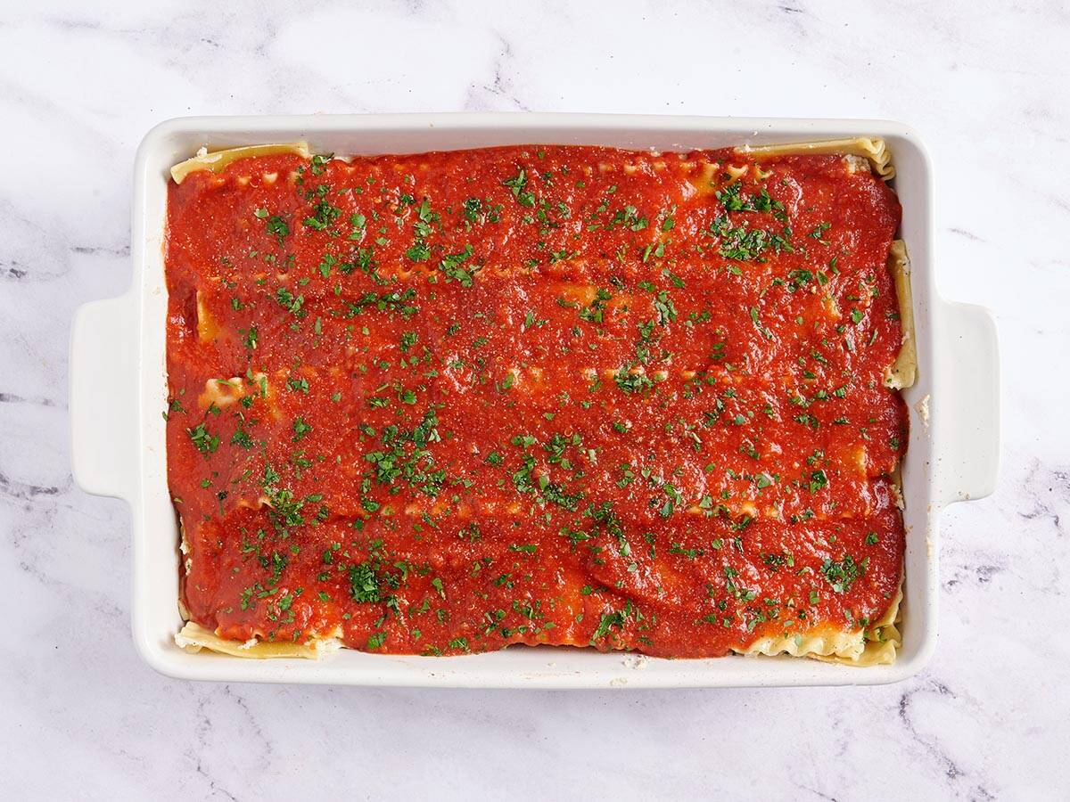 Vegan lasagna ready to be baked.